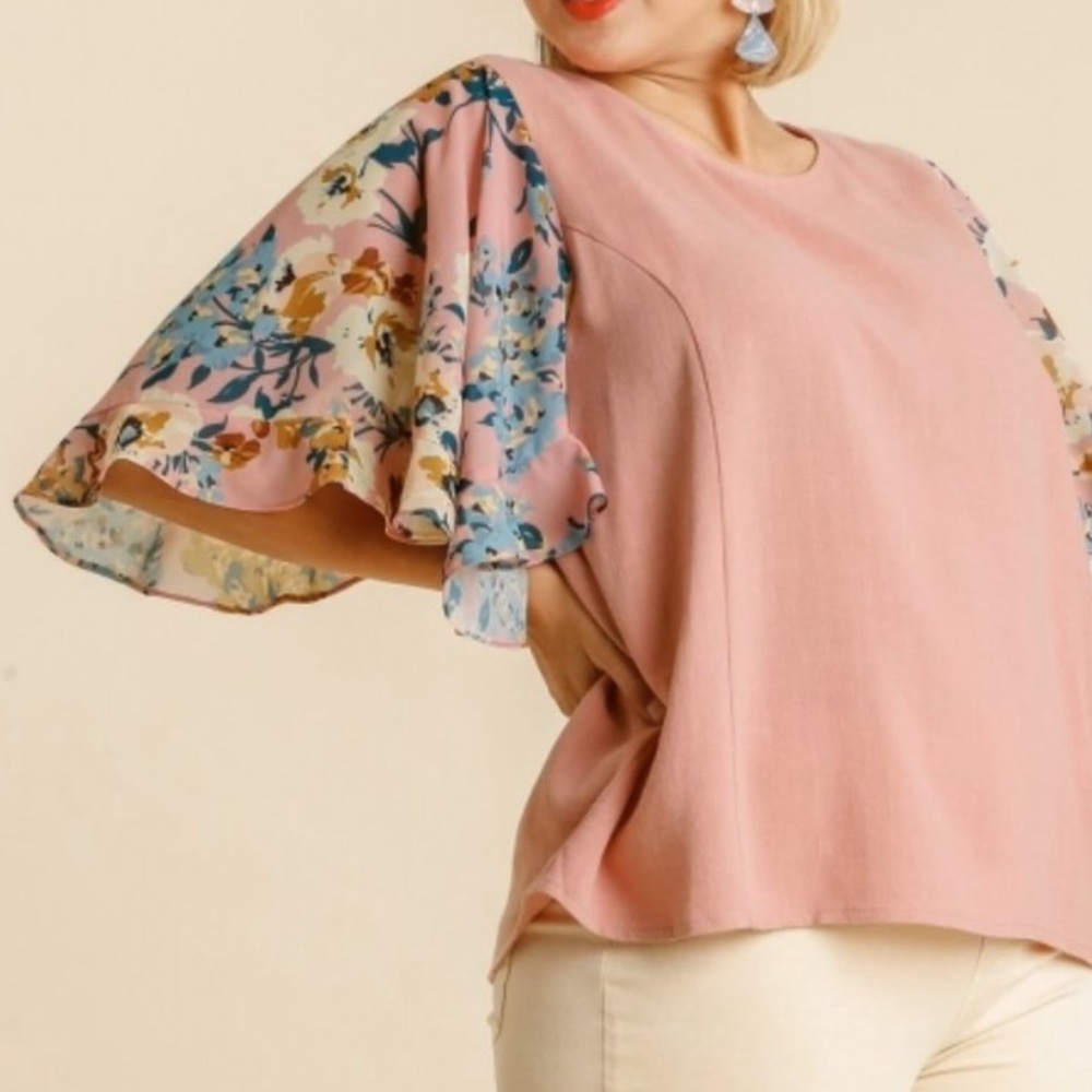 Umgee Floral Rose Mix Print Ruffle Short Sleeve Linen Blouse. NWT! Sz 1X - Picture 2 of 11